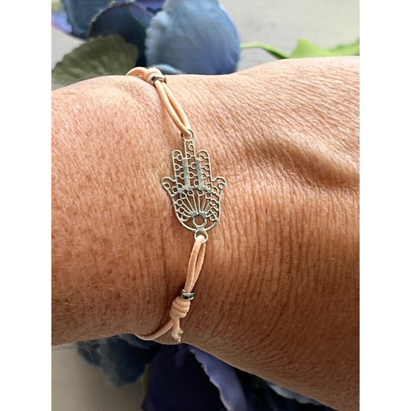 Hamsa Hand Bracelet Silver Tone Peach Cord Boho Adjustable Jewelry - Picture 1 of 4